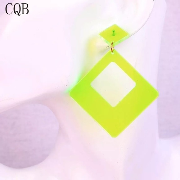 Neon Orange Large Acrylic Geometric Dangle Earrings - Picture 8 of 8